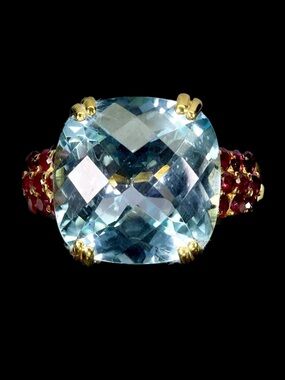 Alluring Genuine Blue Topaz & Garnet Ring. Distinctive Cushion Cut
See video